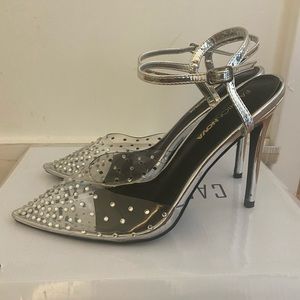 clear and silver rhinestone closed toe heels